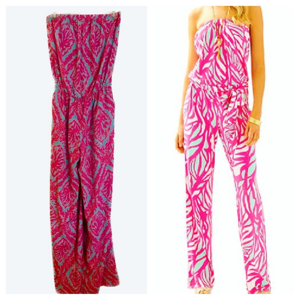 Lilly Pulitzer Pink & Blue Strapless Wide Leg Jumpsuit Tie Waist Pockets Small